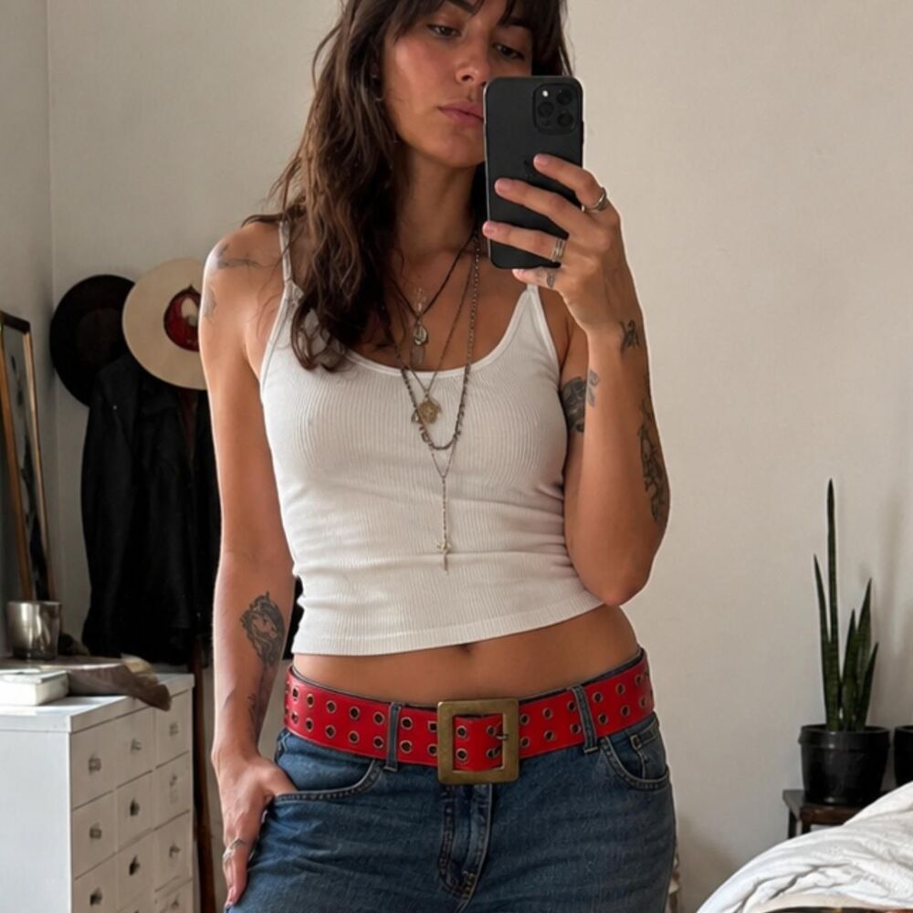 Vintage Garay Red Leather Grommet Belt Punk Western Boho M - Picture 2 of 8